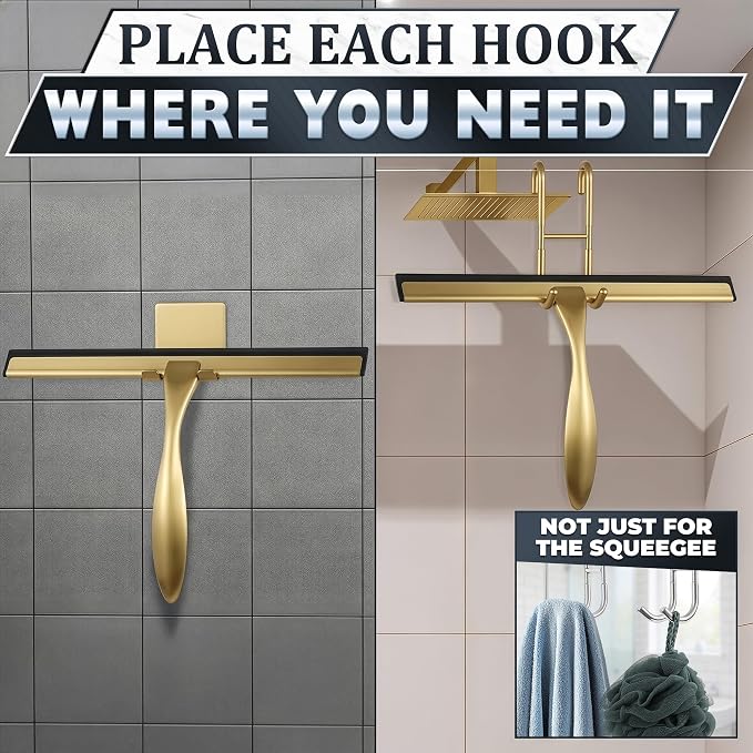 Stainless Steel Shower Squeegee, Glass, Silicone, 12 Inch (Gold) | Shower Door Squeegee with Silicone Blade, Adhesive & Hanging Hooks for Mirror, Tile, Window, Car, Multi-Surface Everyday Use