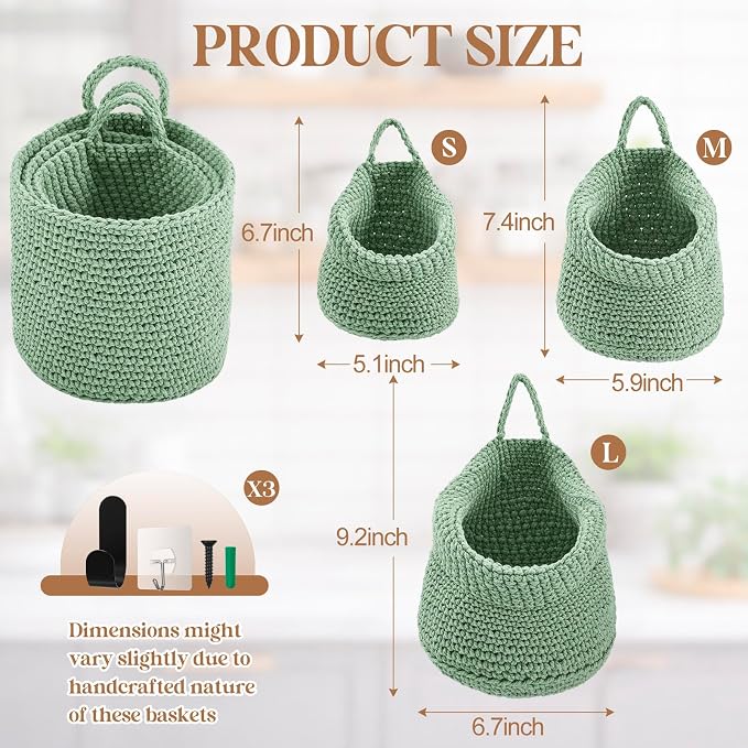 3 Hanging Baskets,Sage Green,Barrel,Cotton Rope | Wicker Wall Baskets with Hooks for Fruit Vegetable Onion Storage, Teardrop Organizer for Kitchen, Boho Farmhouse Decor