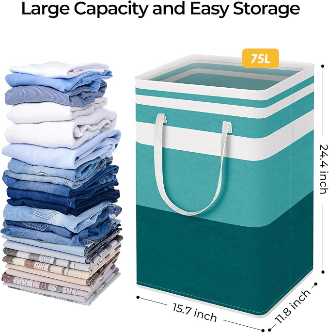 HomeHacks 2 Pack Large Laundry Baskets, Laundry Hampers Bags (Green 75Lx2) | Waterproof, Freestanding, Collapsible Clothes Hamper with Reinforced Handles in Laundry Room, Dorm, Bathroom, Bedroom