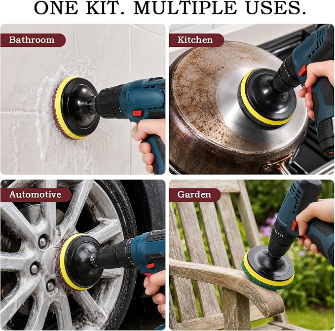 5 Inch 15 PCS Scouring Pads Drill Brush Power Scrubber Cleaning Kit | Hook and Loop Scrub Pads Drill Attachment with Accessories for Bathroom Scale Removal, Rust Removal, Metal & Tile Cleaning