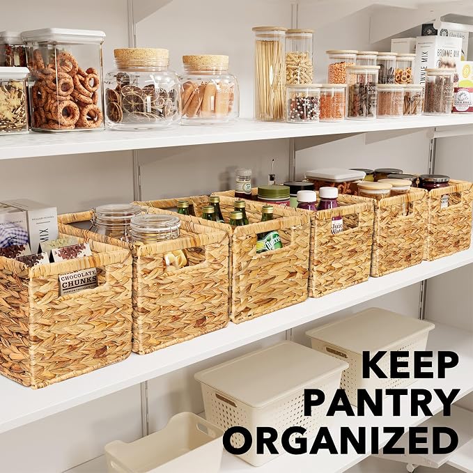 SpaceAid 6 Pack Wicker Basket, Storage Baskets for Organizing, Woven Rattan Basket with Handles for Shelves, Water Hyacinth Large Cube Organizer Storage Bin, 13x8.2x7 inch, Natural