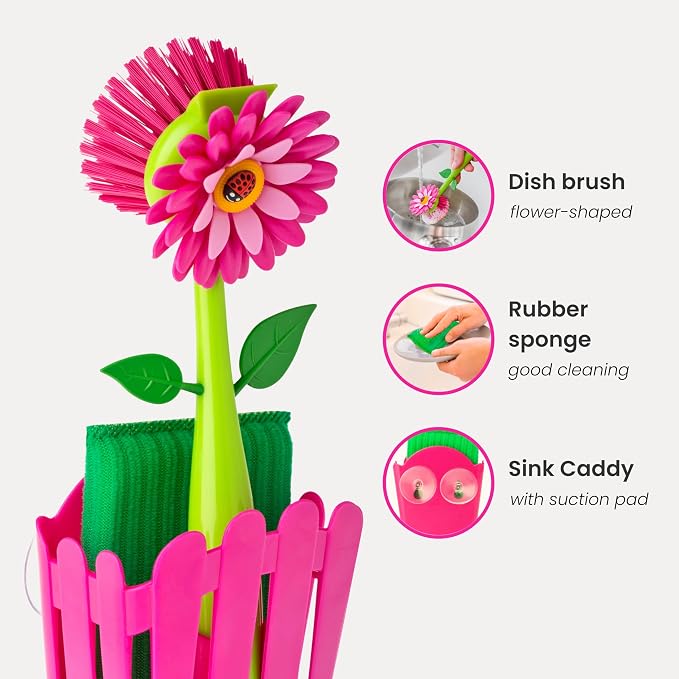 Vigar Flower Power Kitchen Sink Caddy Organizer, Pink | Dish Sponge Holder, Suction Cup and Sponge for Kitchen Sink, Decorative Kitchen Sink Accessories, Countertop Storage Set