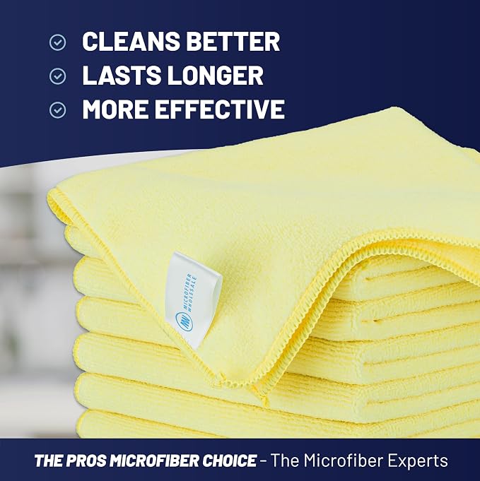 MW PRO Microfiber Cleaning Cloths Yellow (12 Pack, 12x12) - Commercial Janitorial Towels & Lint Free Rags - Heavy Duty for Auto Detailing, Glass Windows, Housekeeping & Screens - Washable 300+ Times