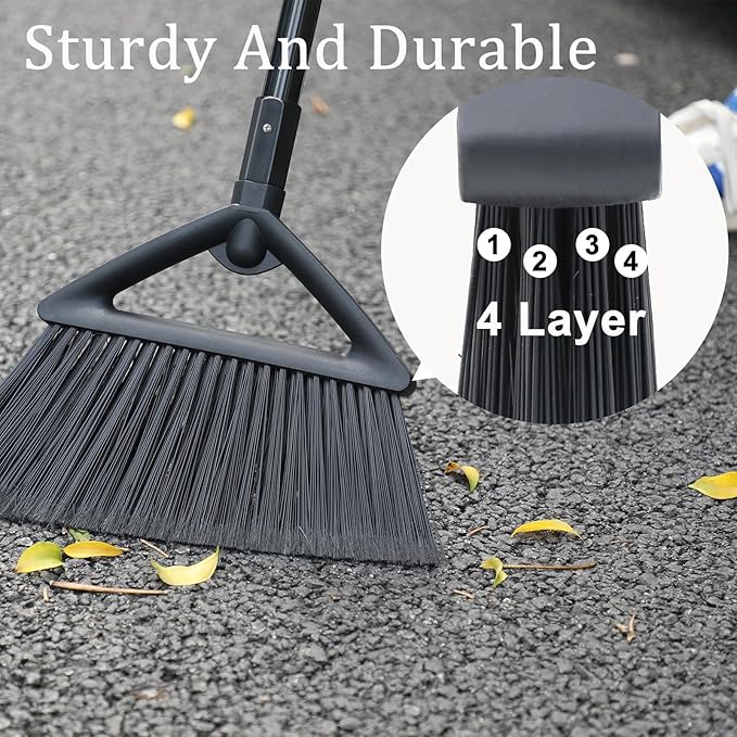 Heavy Duty Black Angle Broom with Long Handle - 4 Pack | Versatile indoor/outdoor sweeping, for courtyard/garage/sidewalk/kitchen/lobby/canteen, durable & efficient