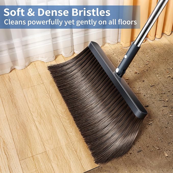 Broom with Dustpan Combo Set, Broom and Dustpan Set with 51.6" Long Handle & Two Broom Heads, Brooms with Dust Pan Teeth for Pet Hair, Indoor&Outdoor Sweeping, Home, Kitchen, Office
