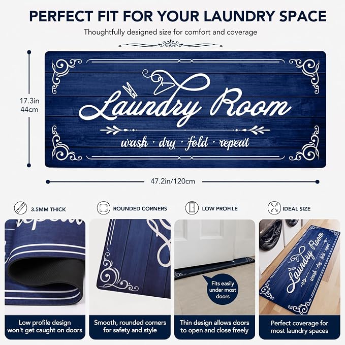 Non-Slip Laundry Room Rug Runner 17.3"x47.2" Washable Floor Cushioned Rubber Carpet Blue Bathroom Hallway Mudroom Kitchen Mat for Farmhouse Entryway Washroom Decor Accessories