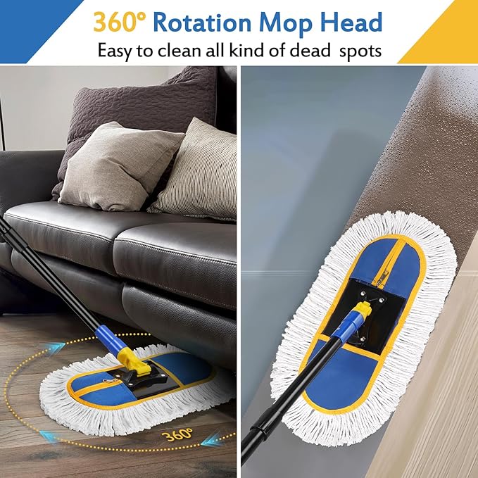 SOBONNE Dust Mop for Hardwood Floors Cleaning,Wet Dry Dust Broom | 56" Iron Long Handle Floor Duster| Washable Cotton Mop Pad for Home, Kitchen,Wood,Tile,Laminate,Vinyl Floors Mopping