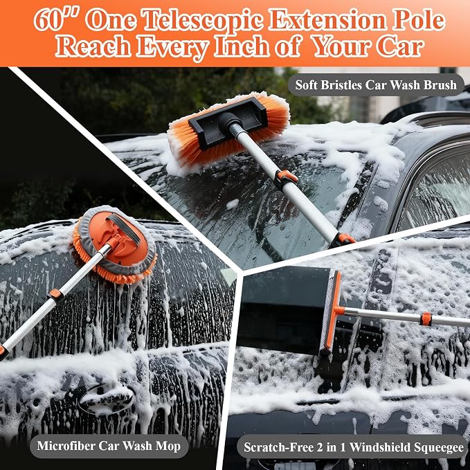 60" Extendable Car Wash Brush Kit with Long Handle | Scratch-Free Car Wash Brush, Chenille Car Mop, 2-in-1 Windshield Squeegee, Wheel Brush for Cars, Trucks Exterior Cleaning