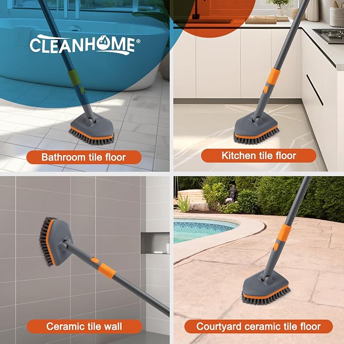 CLEANHOME Tile Tub Scrubber Brush with 3 Different Function Cleaning Heads and 56" Extendable Long Handle-No Scratch Shower Scrubber for Cleaning Bathroom Kitchen Toilet Wall,Bathtub,Sink