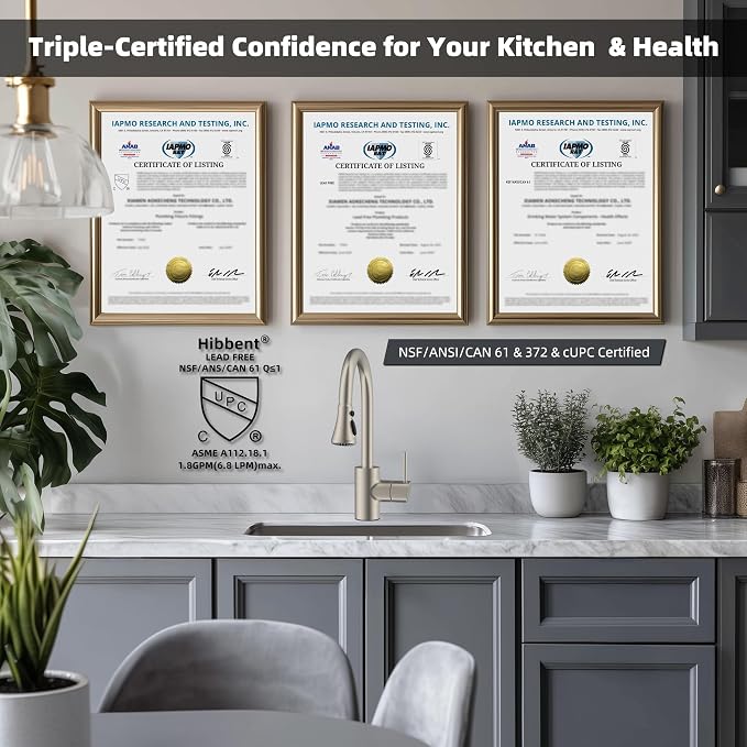 Hibbent Pull Down Kitchen Faucet Head Replacement, NSF/ANSI/CAN 61 & CUPC Certified 3-Function Sink Spray Nozzle with 15 Adapters Compatible with Moen, Delta, Kohler Faucets, Brushed Nickel