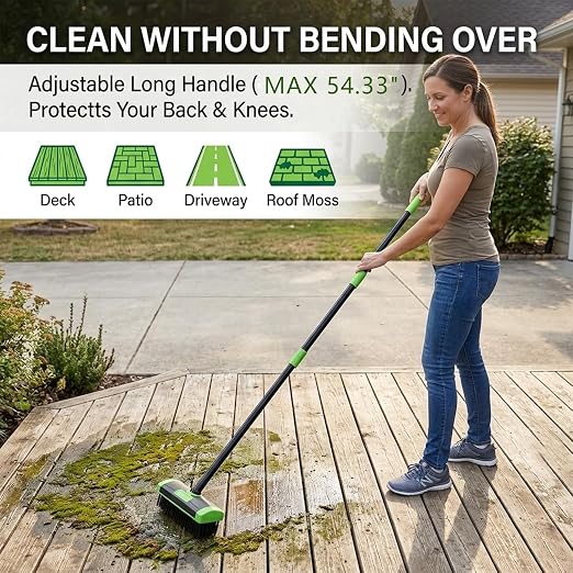 3-in-1 Deck Brush with Long Handle, Weed Brush | 3-in-1 outdoor brush with steel bristles, weed hook & long handle for cleaning patios, decks, driveways and cracks