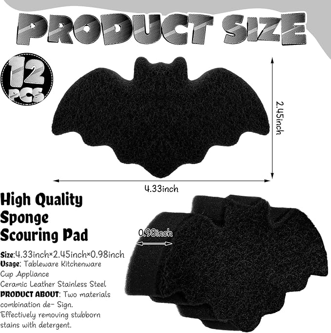 Tioncy 12 Pack Halloween Bat Kitchen Sponges, Black | Dual Sided Scrubber, Gothic Halloween Decor, Reusable Non Scratch Dishwashing, for Cookware Pot Boiler Pan Household
