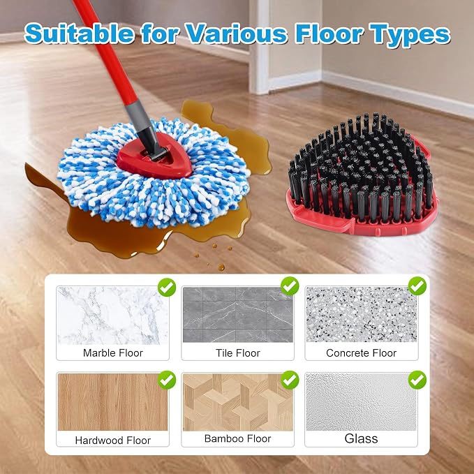 Mop Heads Replacement Scrub Brush and Base Spin Mop Handle Compatible with Ocedar RinseClean 2 Tank System Include 2 Mops Replace Head 1 Upgrade Brush 1 Base & 30-58" Adjustable Mop Stick (NO Bucket)