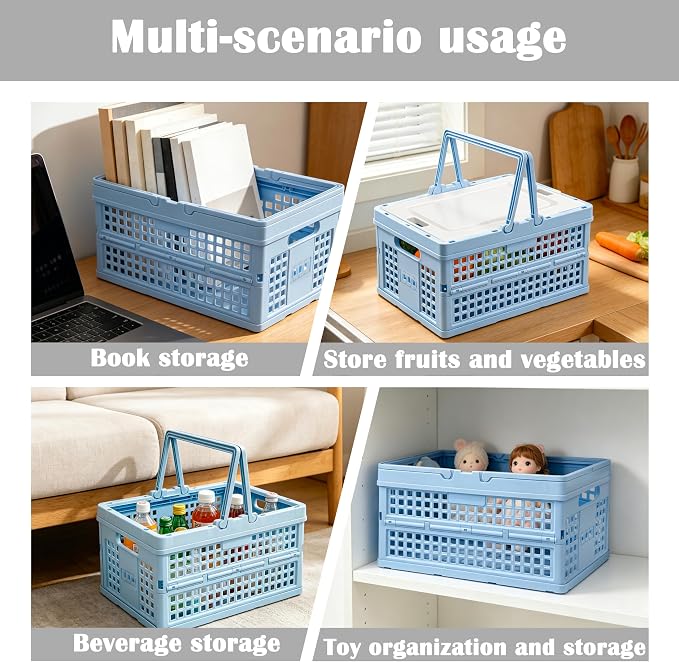 Foldable Small Plastic Baskets with Lids and Handles for Organizing,Collapsible Storage Crates, Stackable Bins for Home Kitchen Bedroom Bathroom Office (Blue, 14 * 10 * 7)