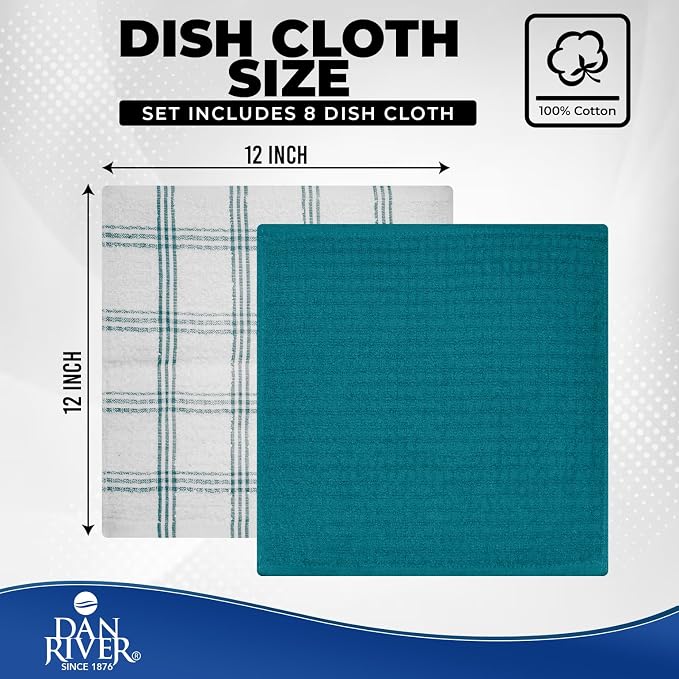 DAN RIVER Premium Dish Cloth 100% Cotton 12 X 12 Inches |Pack of 8|-Teal | Terry Kitchen Towels Ultra Soft Tea Towels-Highly Absorbent Kitchen Rags-Terry Dishcloth for Kitchen and Household Cleaning