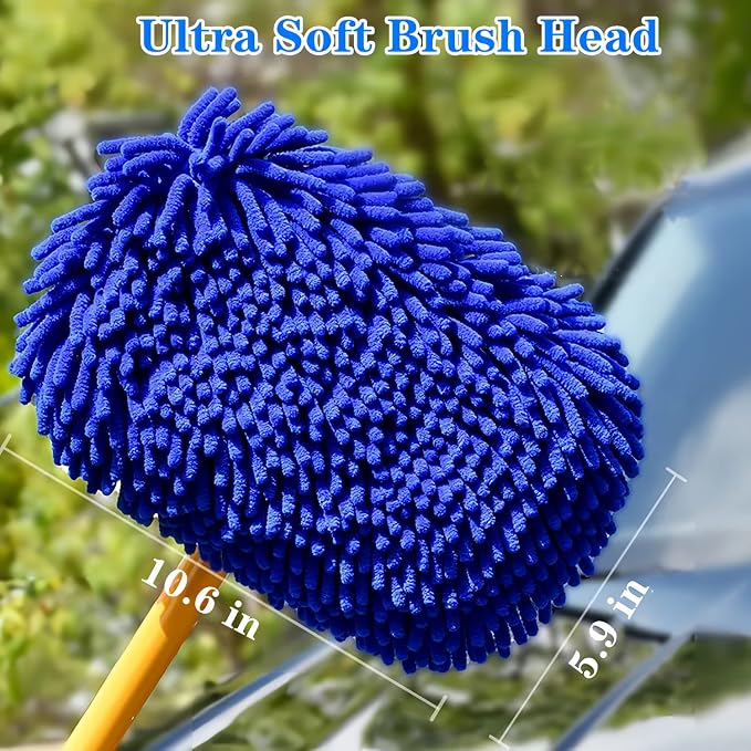 MVEQRRN 15°Curved Chenille Car Wash Brush Mop with Long Handle(Blue) | Chenille car wash mop accessories, cleaning brush supplies, microfiber replacement head, for cars trucks RV