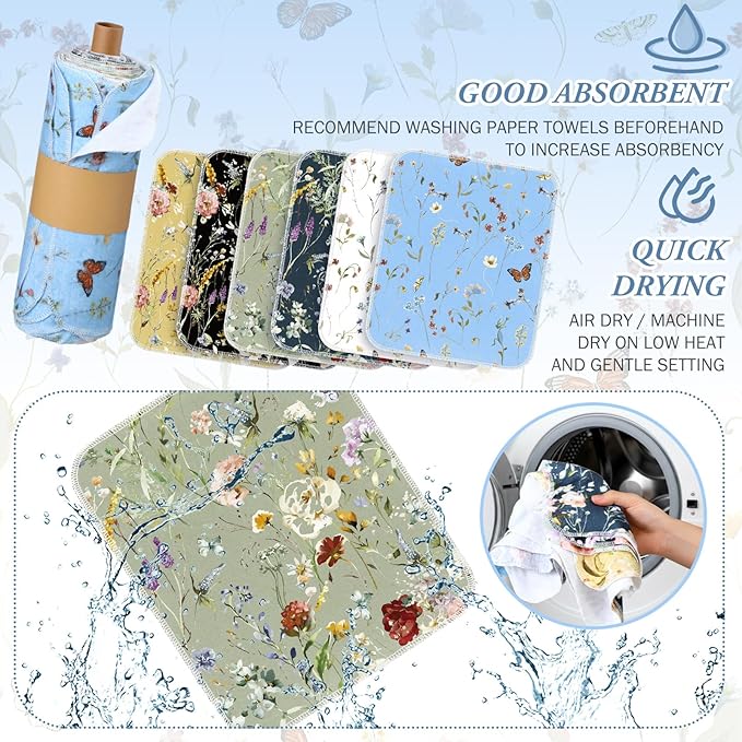 Reusable Kitchen Cloths Cotton Towel, 36 Pack, Rich Flowers | Washable 9.84x11.81in, Paperless Towel Rolls Bulk, Cleaning Cloth Napkins for Dishes
