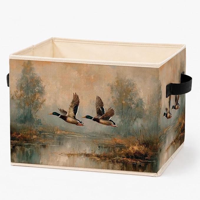 Vintage Flying Mallard Duck Storage Bins Box, Country Landscape Duck Foldable Storage Basket with Handles for Farmhouse Cabin Bedroom Bathroom Home Clothes Books Organizer