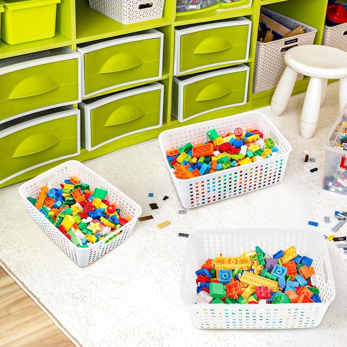 Lineshading 12 Pack Plastic Storage Baskets for Organizing, White | 13 x 10'' Large Plastic Storage Baskets Bins with Grip Handles, Stackable Mesh for Cabinets, Desktops, Shelves, Home & Office