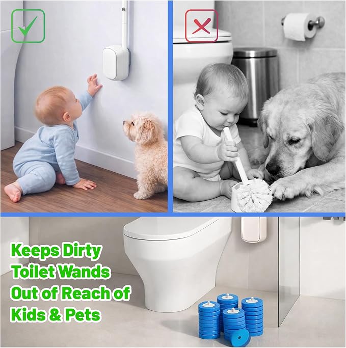 CiLoN Disposable Toilet Brush, Toilet Wand Cleaning System, Bowl Scrubber | Flip-Top Hands-Free Wall-Mounted Toilet Bowl Brush & Holder with Disposable Cleaning-Fluid Scrubbing Pads for Hygienic Use