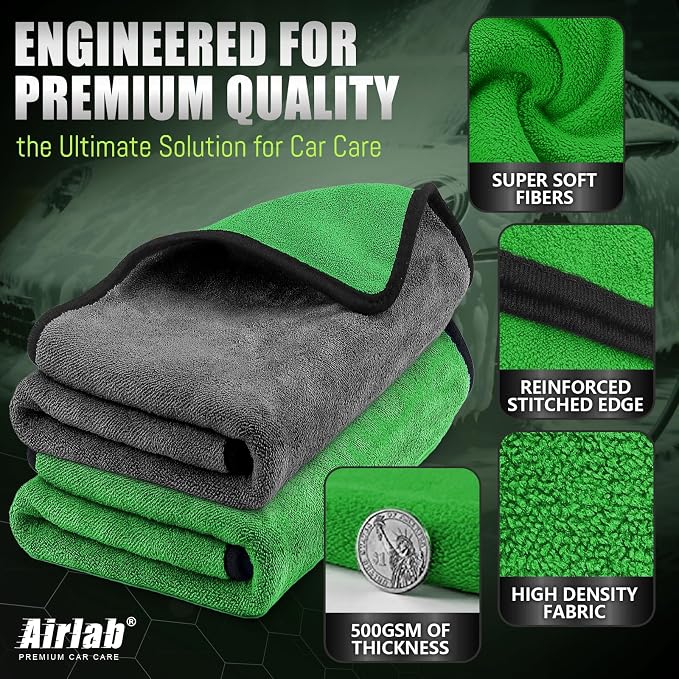 Microfiber Towels Cars Wash Drying Cleaning Cloth, Green & Grey | Thick Plush Auto Detailing Super Absorbent for Interior & Exterior Lint Free, Streak Free, 35 x 24 Inch, Pack of 2