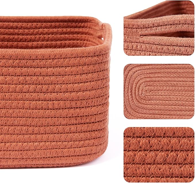 MiniArk Small Storage Baskets for Organizing | Closet Organizer Bins | Shelf Toy Basket | Woven Rope Baskets | Cube Decorative Box | Shallow Basket | 13x8.5x5.1” | 3 Packs Oxide Red