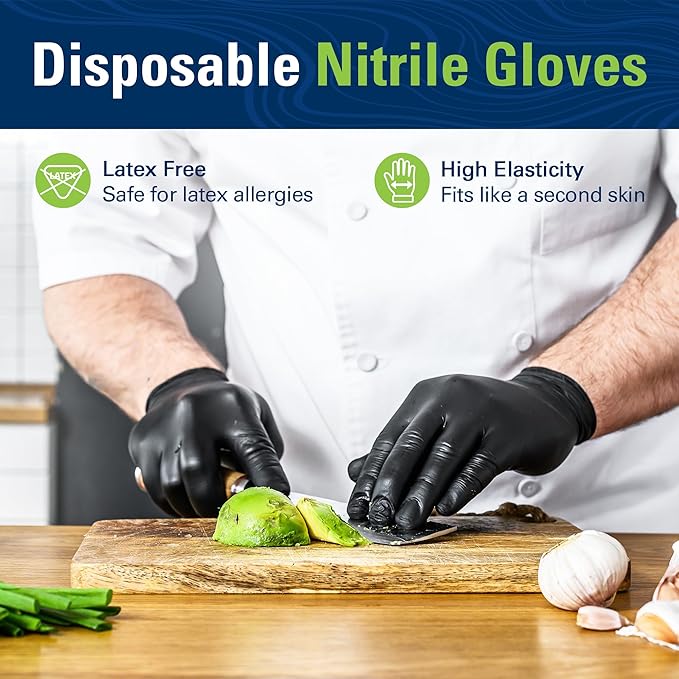 Black Nitrile Gloves Disposable Latex Free, Food Safe | Rubber Gloves Powder Free for Cooking, Food Prep, Kitchen Cleaning