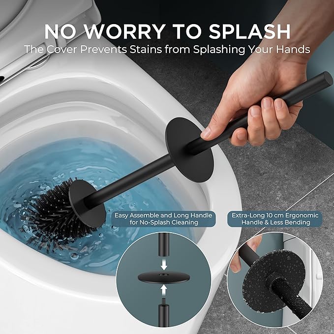 FORIOUS Stainless Steel Toilet Bowl Brush Scrubber and Holder Set Tall | Black, Extended Handle, Removable Inner Bowl, Stable Splash Guard, Steel Joint, Scratch‑Resistant Bristles, for Bathroom RV