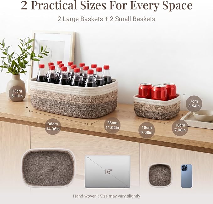 Storage Baskets for Shelves, 4 Pack, 2 Sizes Organizer Bins | Woven Cotton Rope Baskets, 2 Large + 2 Small Shallow Storage Bins for Nursery, Closet, Toys, Bathroom & Changing Table