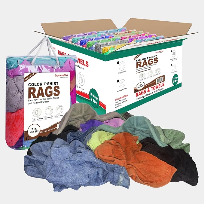 Recycled Multicolored Knit T-Shirt Cleaning Cloths, 2 lb Bag - Pack of 12, Reusable Cotton Rags Bulk for Dusting, Polishing, Staining, Paint Spill Cleanup, Industrial and Commercial Use