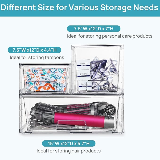 Vtopmart Clear Stackable Storage Drawers, 7 Pack Multi Size Set | Wide, Medium and Small Pull-Out PET Drawers for Flexible Organization, Stackable Storage for Cabinets, Closets, Pantry