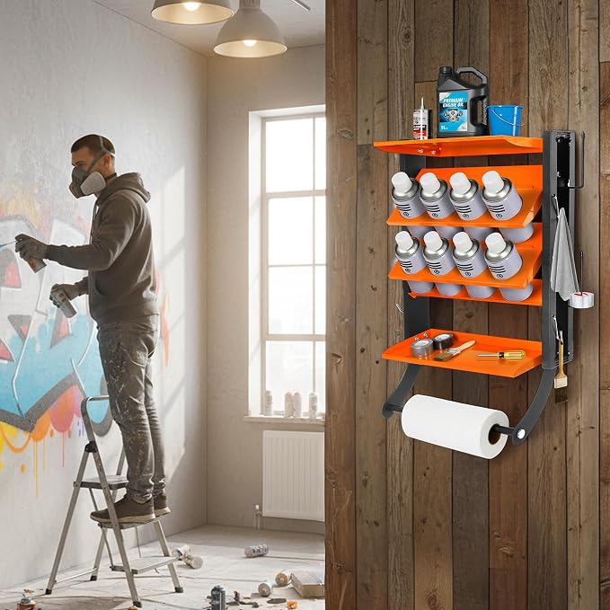 Sidasu Spray Can Holder, 2-Tier Spray Paint Organizer With Paper Towel Rod | 8-Can Capacity, Wall-Mounted, Heavy Duty, Powder-Coated Finish, Storage Rack For Garages and Workshops