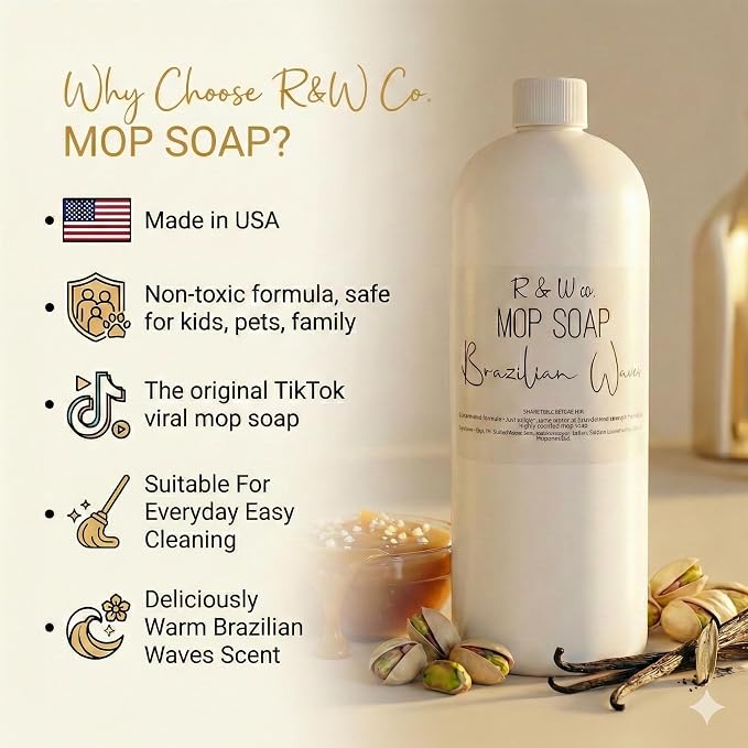 R&W CO. Original 32 oz Premium Mop Soap Brazilian Waves Scented, Gentle Floor Cleaner for all Surfaces, Non-Toxic, Pet and Skin Safe Formula, Streak-Free Shine