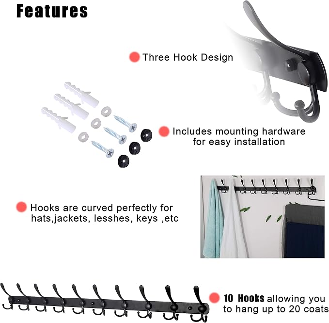 Dseap Coat Rack Wall Mount - 38” Long 10-Tri-Hooks Heavy Duty Coat Hanger Rail Wall Hooks for Hanging Coats Hats Clothing Clothes Purse Mudroom Entryway, Black, Pack of 2