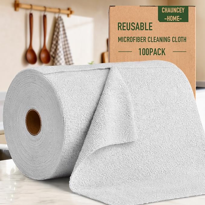 Microfiber Cleaning Cloth Roll - 100 Pack Tear Away Microfiber Paper Towels, Reusable, Washable, Scratch-Free, Kitchen Towels for Car, Home, Kitchen, Glass, Dishes (Light Grey)