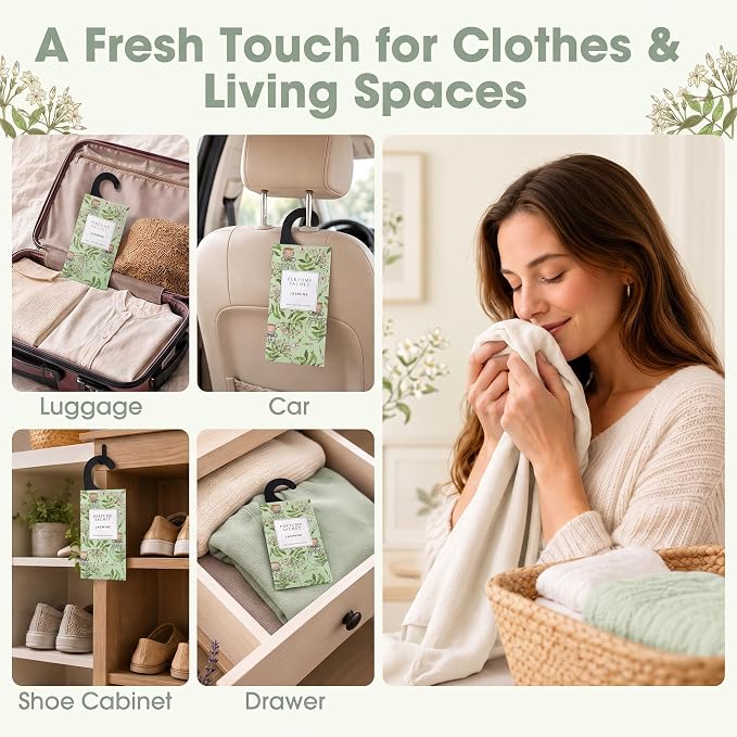 Large 12 Packs Jasmine Hanging Scented Sachets Long-Lasting Closet Deodorizer Air Freshener Fabric Refresher Odor Eliminator for Drawer Home Fragrance Gift Set