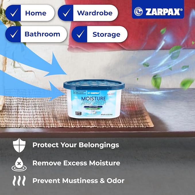 ZARPAX Moisture Absorber Fresh Cotton 6.5 oz/185g | Removes Moisture, Damp & Humidity | Odor Absorber With Fresh Cotton Fragrance | Moisture Trap for Bathroom, Closet, Kitchen | Set of 6
