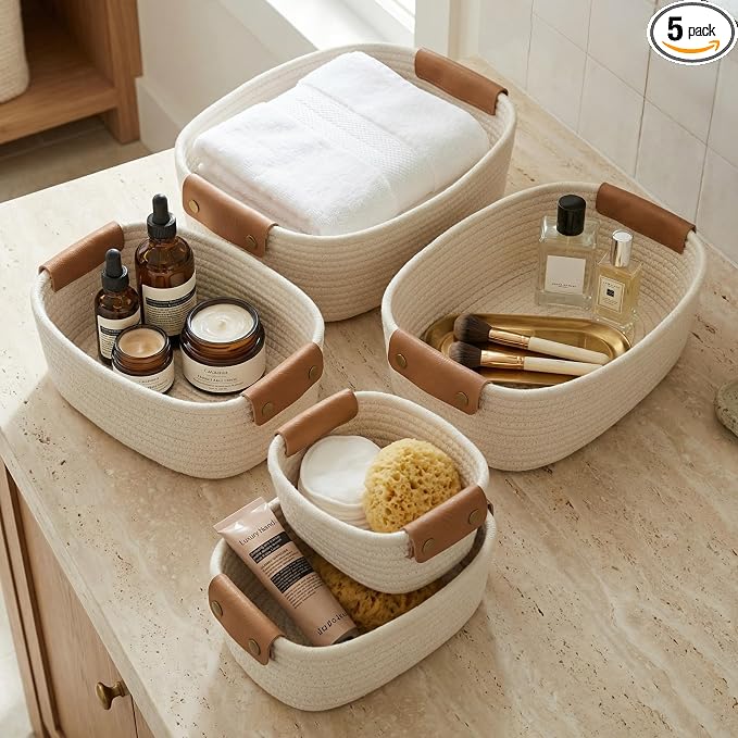Beautiful Storage Basket Set of 5 - Sturdy Cotton Rope Baskets for Shelves | Perfect for Organizing Your Home - Quality Storage Bins Easily Fit with Any Nursery or Bedroom Decor