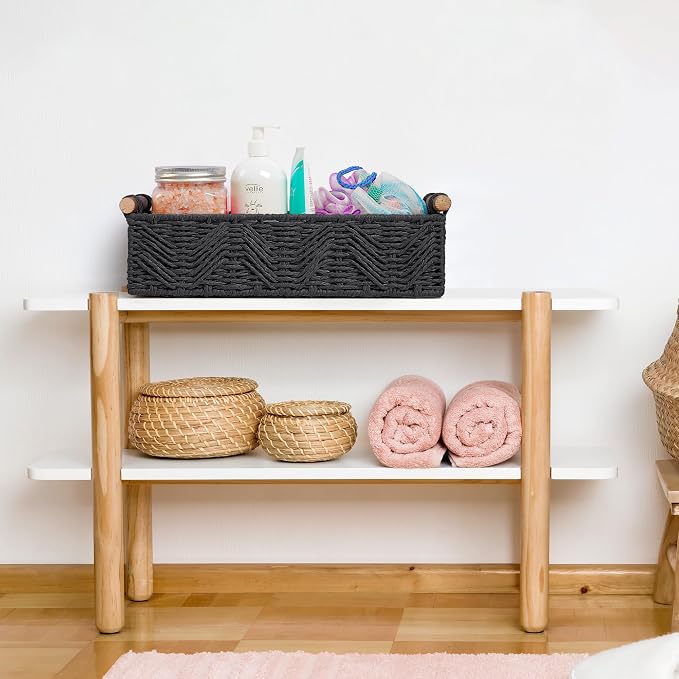 Toilet Paper Storage Basket for Bathroom Countertop Baskets for Organizing | With Handle for Bathroom Bedroom Home Decor Small Basekt for Shelves Apartment Countertop Use,Black