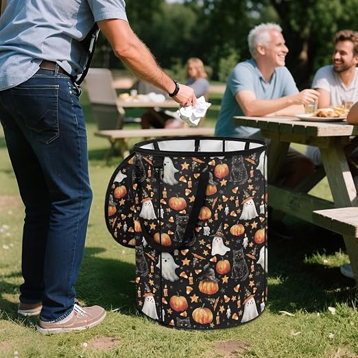 doginthehole Halloween Spooky Ghost Trash Can Outdoor Event Cute Black Cats Pumpkin Large Collapsible Trash Can with Lid Storage Bag Pop Up Trash Cans for Party Supplies, Halloween Decorations