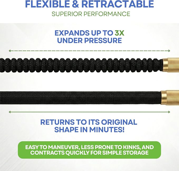 J&B XpandaHose 150ft Expandable Garden Hose, Lightweight, Brass Connectors | Ultra Strong 3750D fabric, 4-layer latex core, expands 3X, kink & leak-resistant, 10-pattern nozzle, storage bag