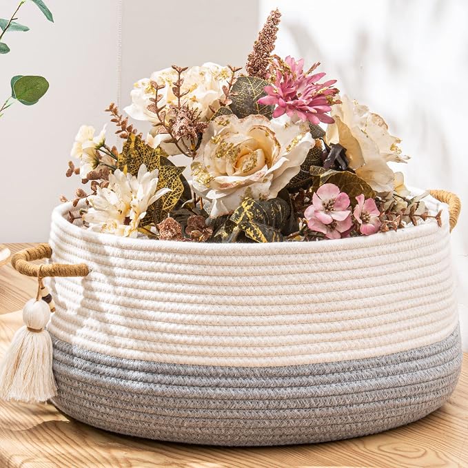 KAKAMAY Woven Baskets for Storage(16"x8"),Blanket Basket for Organizing Living Room,Cotton Rope Basket Woven Baby Laundry Hamper,Collapsible Laundry Room Organization,Clothes,Toy Chest(Grey)