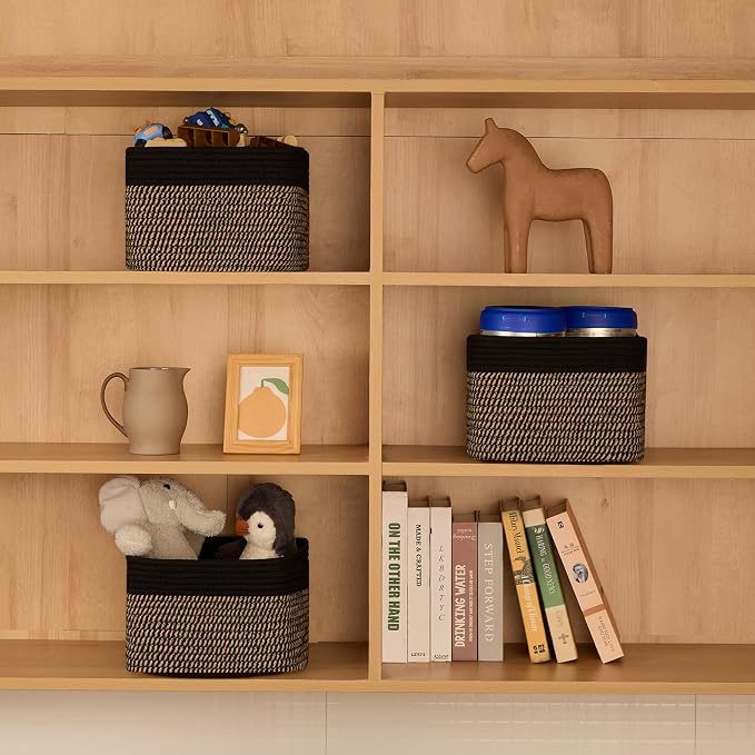 MiniArk Small Organizing Baskets for Cubes Shelf, 9.7x9.7x7.1 Inch Rope Woven Storage Bins for Nursery Shelves Storage, Cute Toy Basket, Square 3 Packs Black Brown