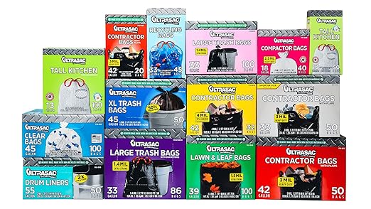 Ultrasac Black Heavy Duty Drawstring Trash Bags 33 Gallon, Pack of 86