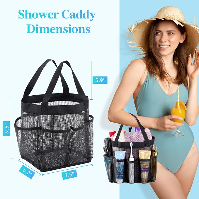 Lifewit Mesh Shower Caddy Portable, Dorm Room Essential, 2 Pack, Black&Grey | 2 Handles, Freestanding, Quick Dry Tote Bag, 7 Pockets, for Toiletry, Bathroom, Beach, Swimming, Gym, Camping, Travel