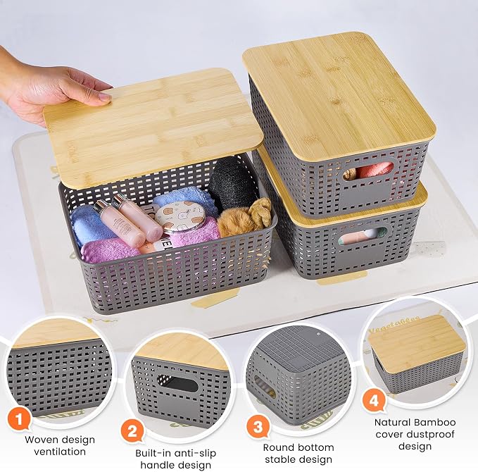 Ohmlove 6 Pack Plastic Storage Baskets with Bamboo Lids for Organization | Stackable Storage bins, Storages Baskets for Organizing Shelves Drawers Desktop Closet Playroom Classroom Office,Gray