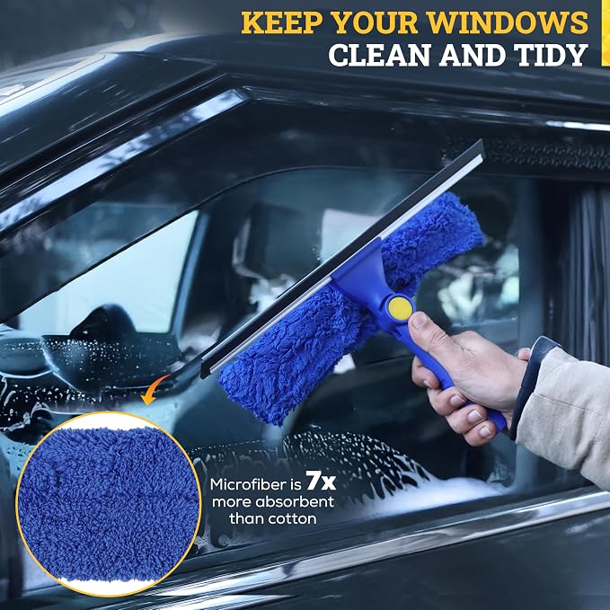 2-in-1 Window Squeegee Cleaning Combo | Glass Cleaner Tool for Commercial and Residential Use, 2 Reusable 12” Sleeves and 14” Blade