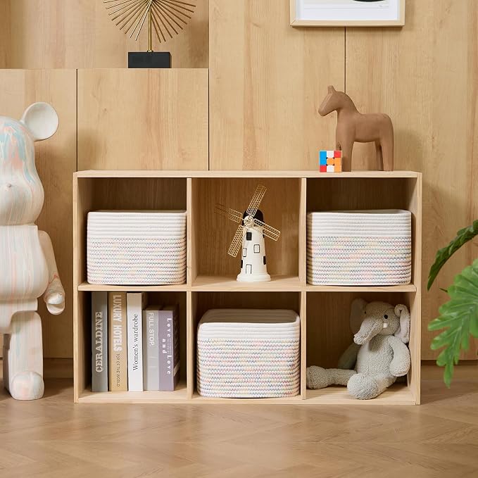 MiniArk Small Organizing Baskets for Cubes Shelf, 9.7x9.7x7.1 Inch Rope Woven Storage Bins for Nursery Shelves Storage, Cute Toy Basket, Square 3 Packs Off White Rainbow