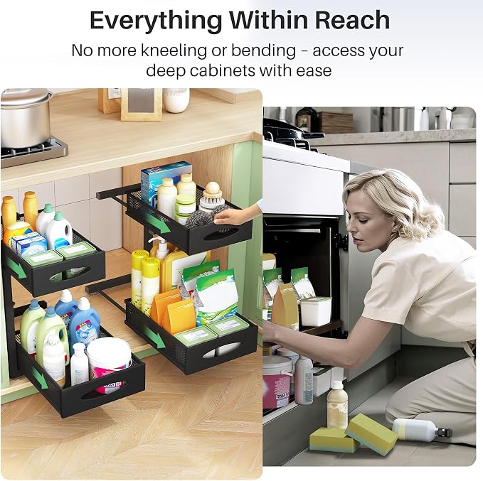 Under Sink Organizer, 2 Tier Pull out Cabinet Organizer Baskets with Mesh Sliding Drawers, Slide out Storage Shelf for Home, Kitchen, Bathroom, Pantry, Office Cabinet, Countertop(1 Pack)