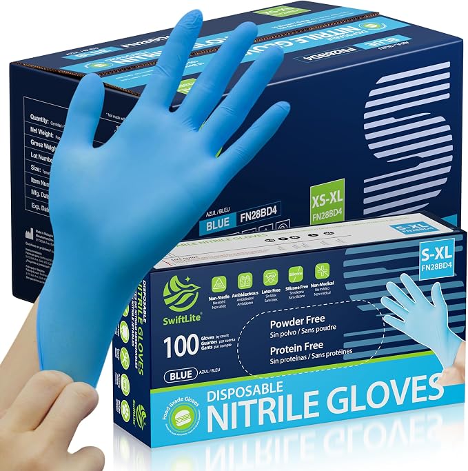 Blue Nitrile Gloves Disposable Latex Free, Food Safe | Rubber Gloves Powder Free for Food Prep, Cooking, Kitchen Cleaning